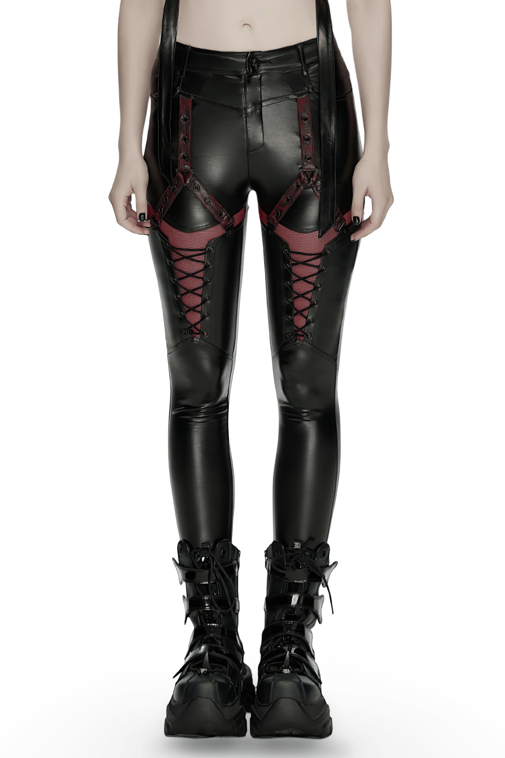 Cyberpunk Black Faux Leather Lace-Up Leggings with Mesh showcasing stylish design and edgy details.