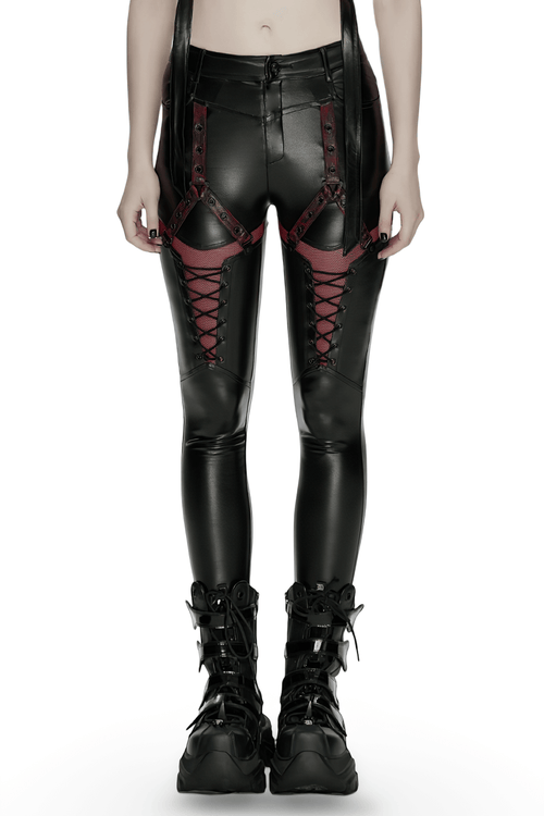 Cyberpunk Black Faux Leather Lace-Up Leggings with Mesh