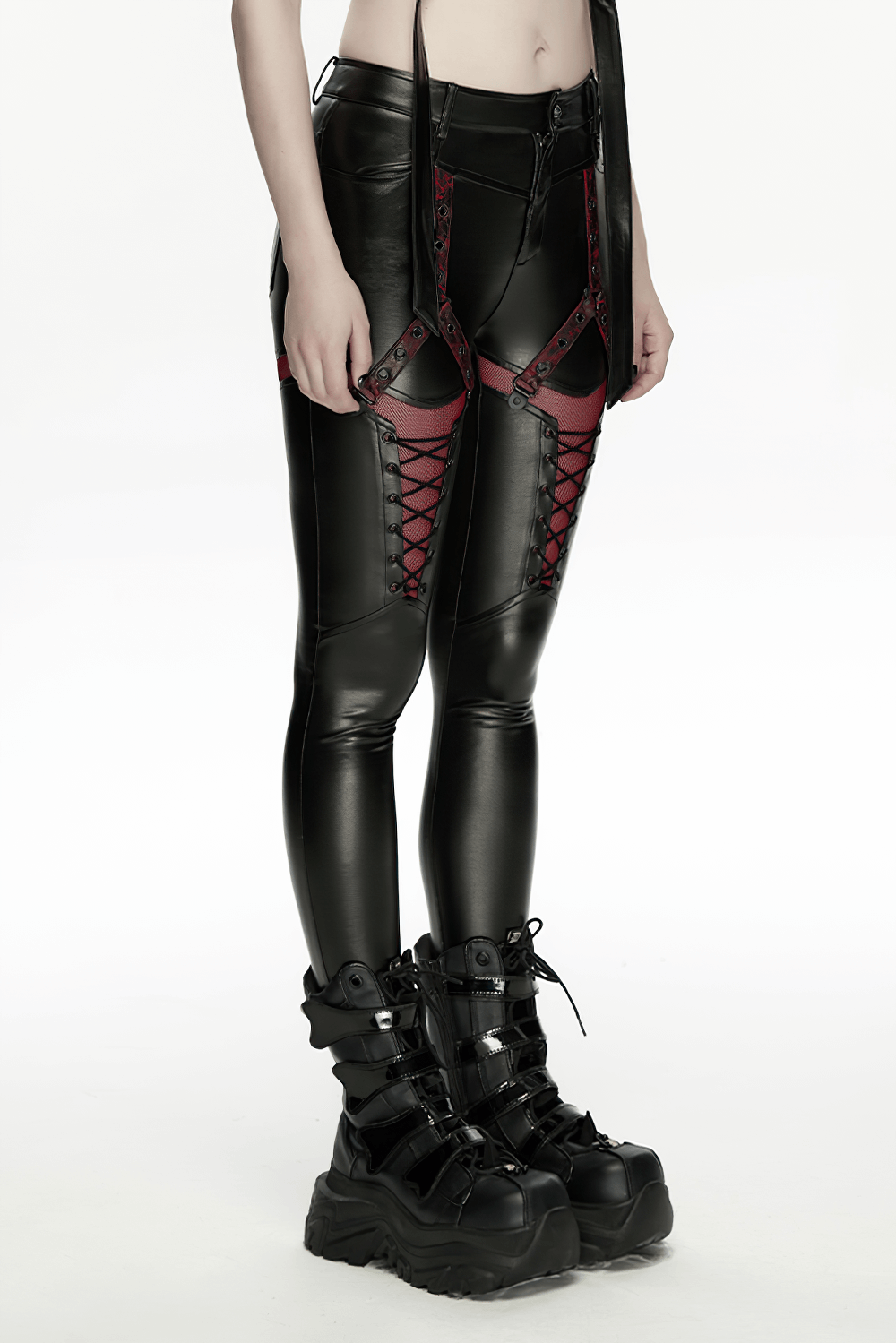 Cyberpunk Black Faux Leather Lace-Up Leggings with Mesh featured with stylish black boots.