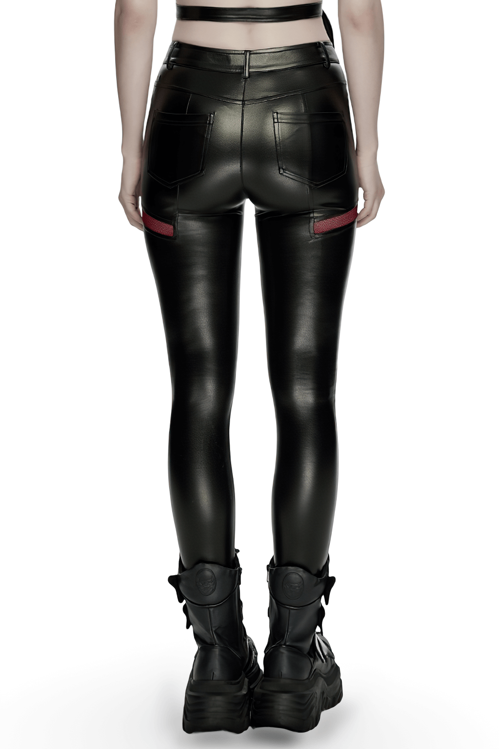 Cyberpunk Black Faux Leather Lace-Up Leggings with Mesh viewed from the back, showcasing sleek design and detail.
