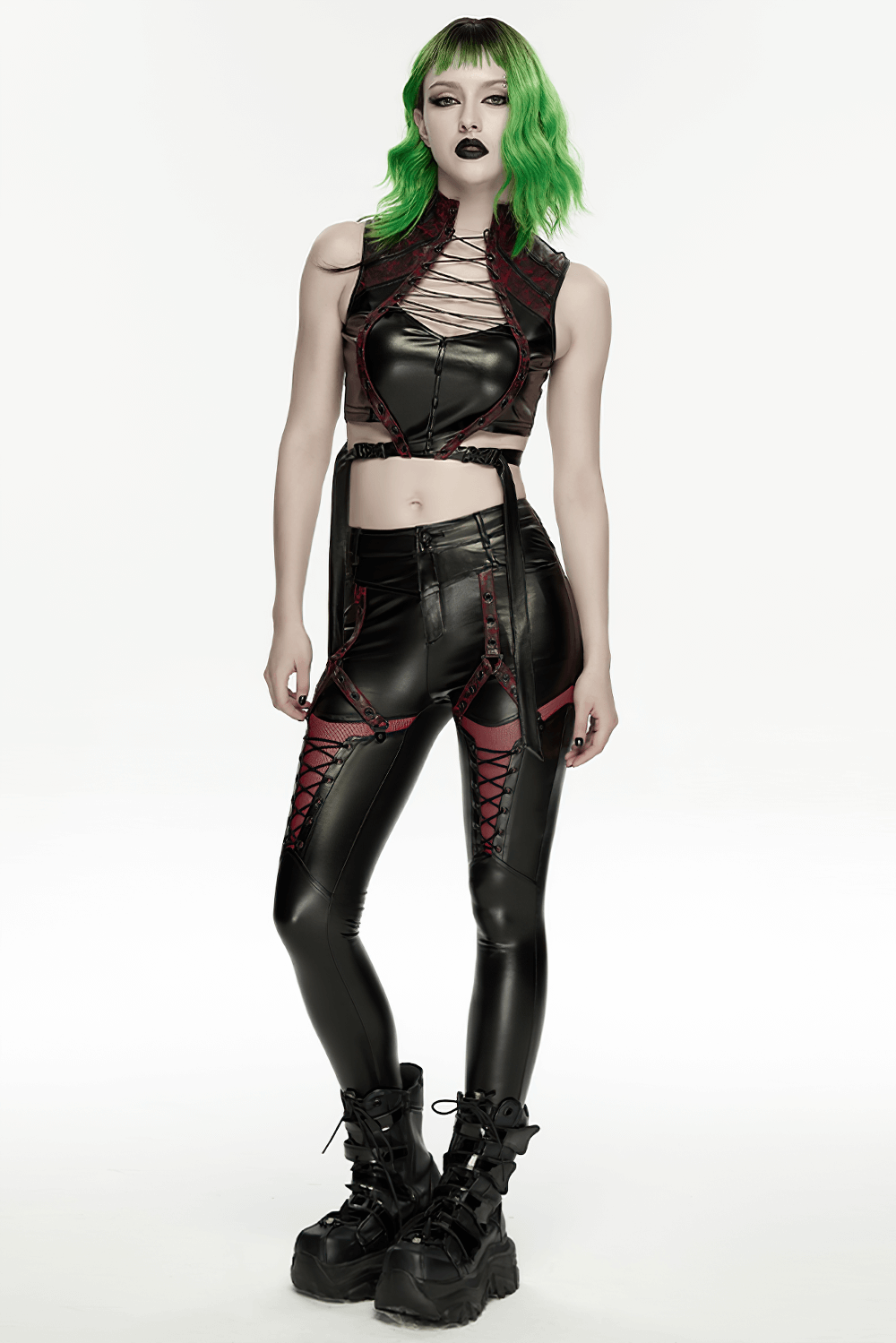 A model showcasing Cyberpunk Black Faux Leather Lace-Up Leggings with Mesh in a bold futuristic outfit.
