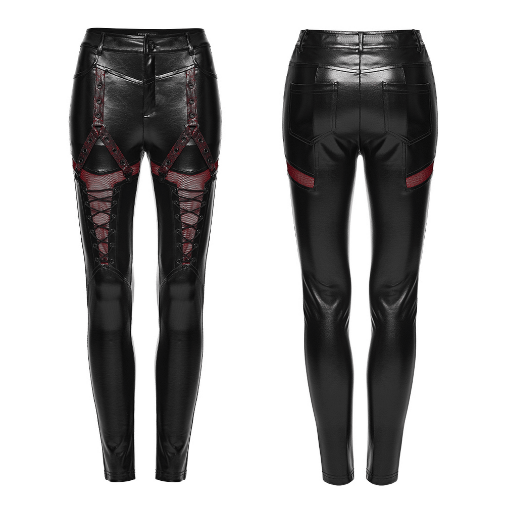 Cyberpunk Black Faux Leather Lace-Up Leggings with Mesh, stylish front and back view showcasing unique design.