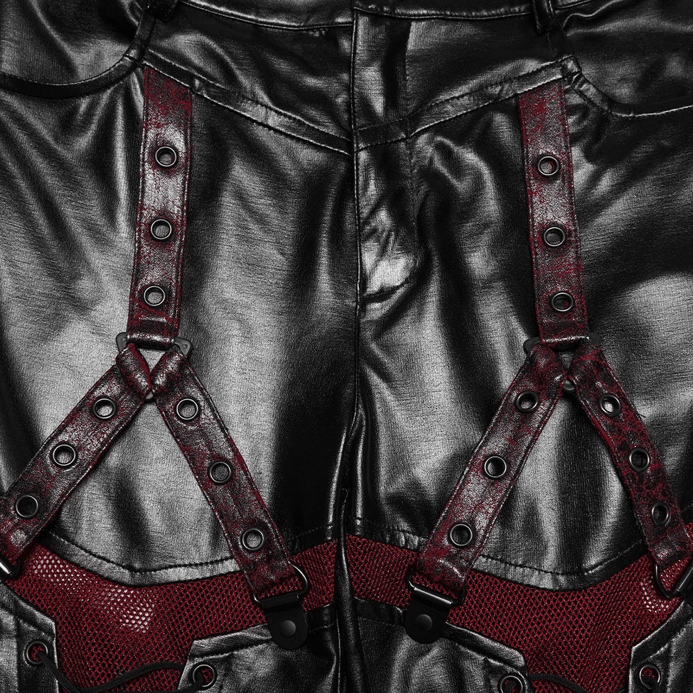 Cyberpunk Black Faux Leather Lace-Up Leggings with Mesh showcasing detailed black and red design.