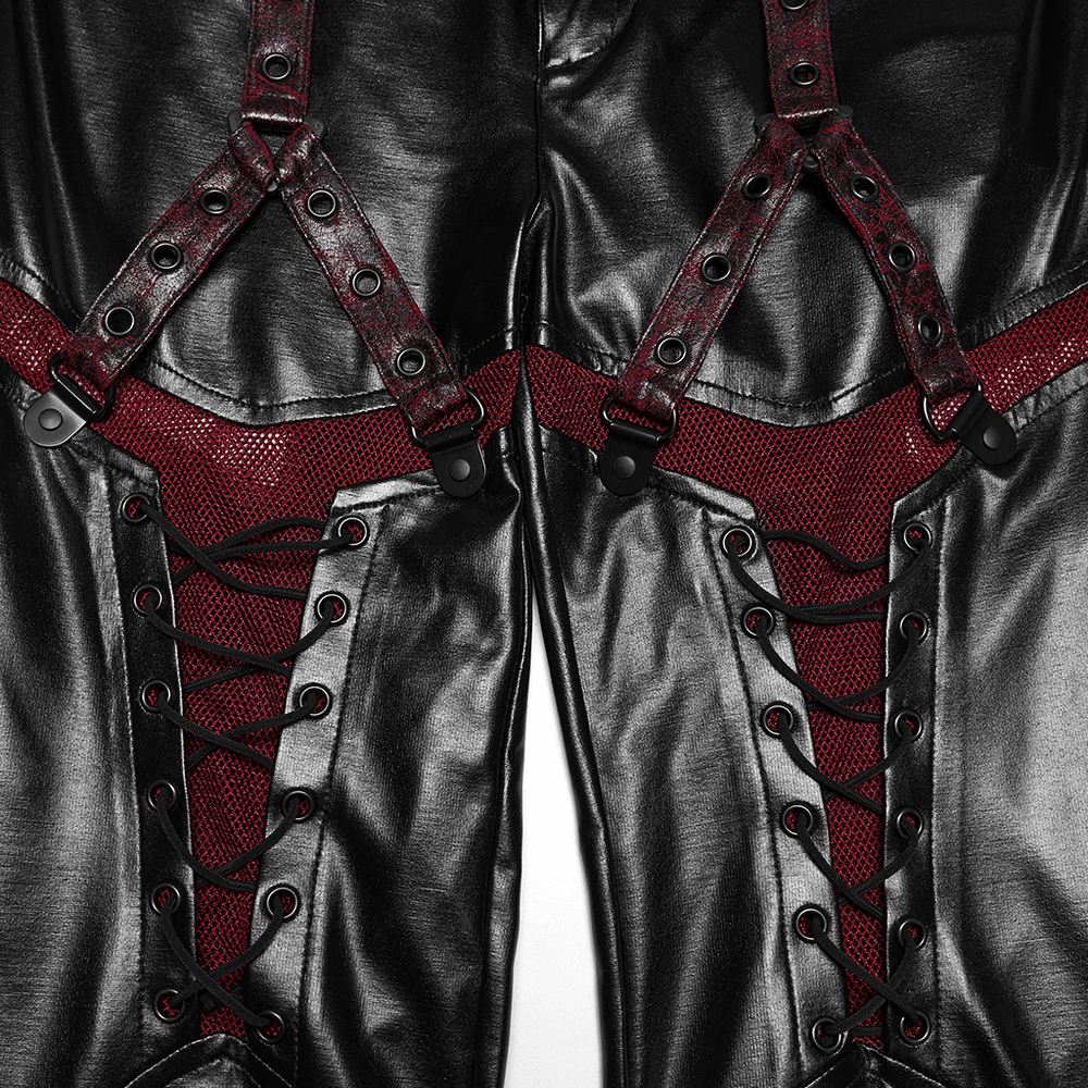 Cyberpunk Black Faux Leather Lace-Up Leggings with Mesh featuring detailed lace-up design and mesh panels.