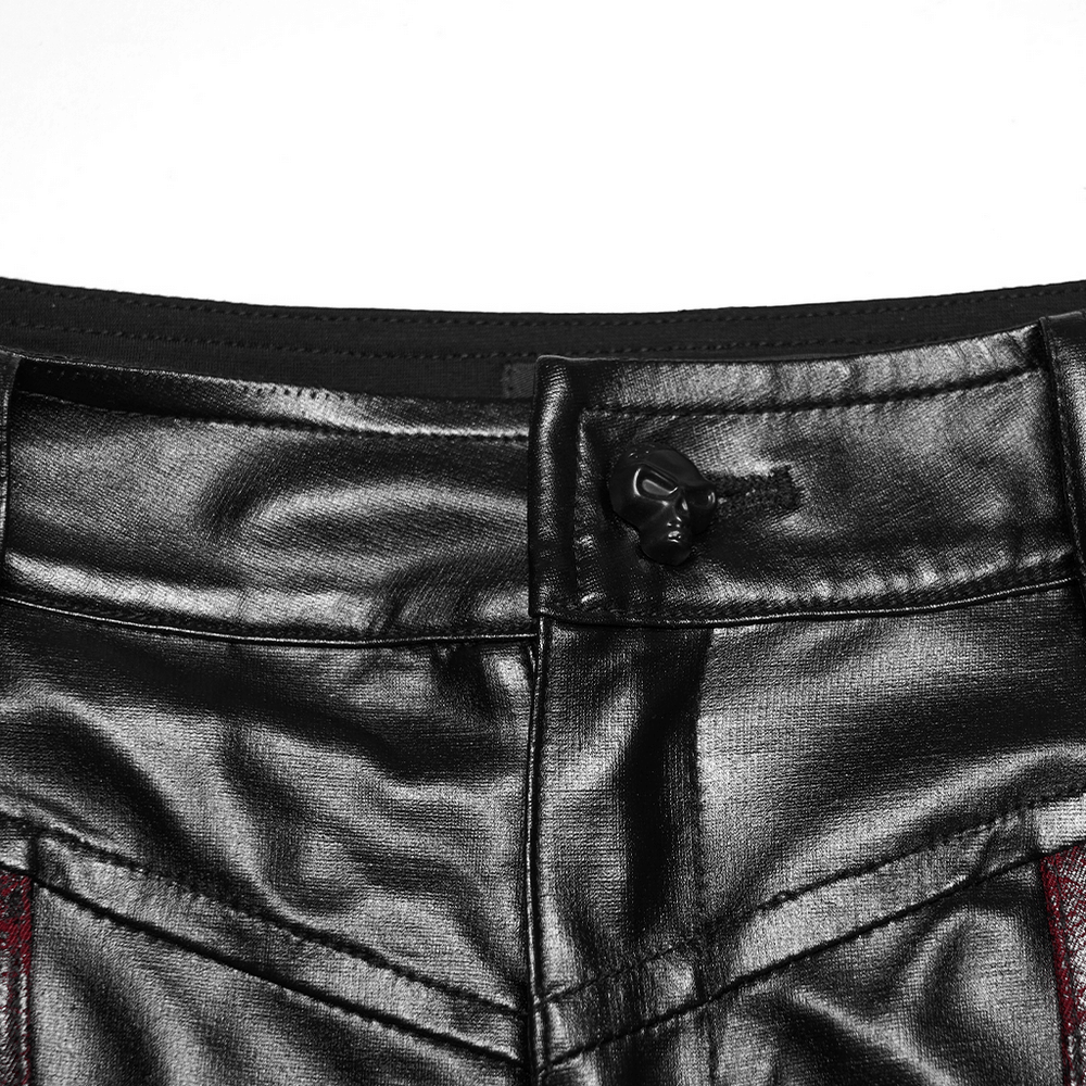 Close-up of the waistband of Cyberpunk Black Faux Leather Lace-Up Leggings with Mesh showcasing sleek black texture.