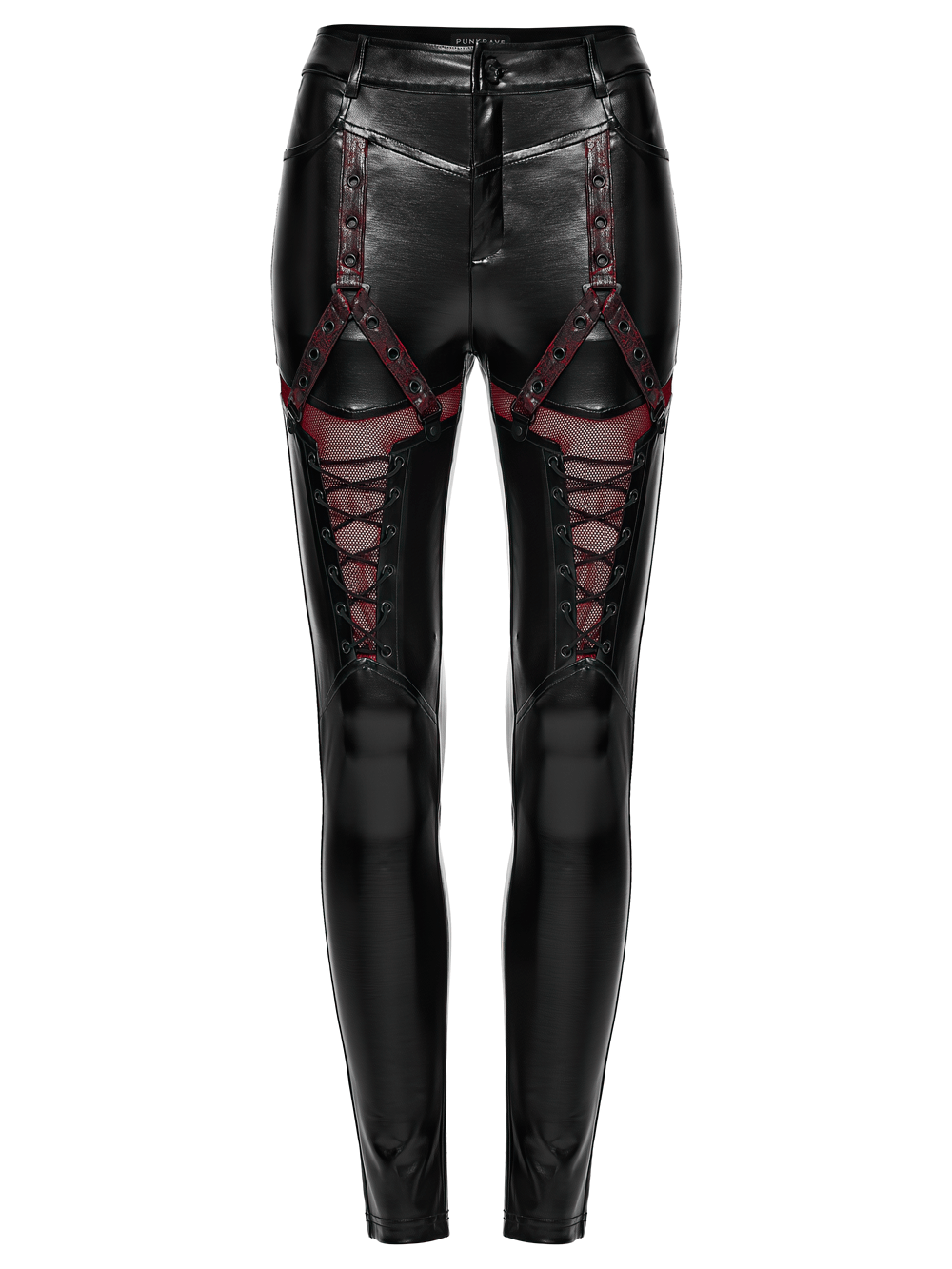 Cyberpunk Black Faux Leather Lace-Up Leggings with Mesh showcasing edgy design and stylish details.