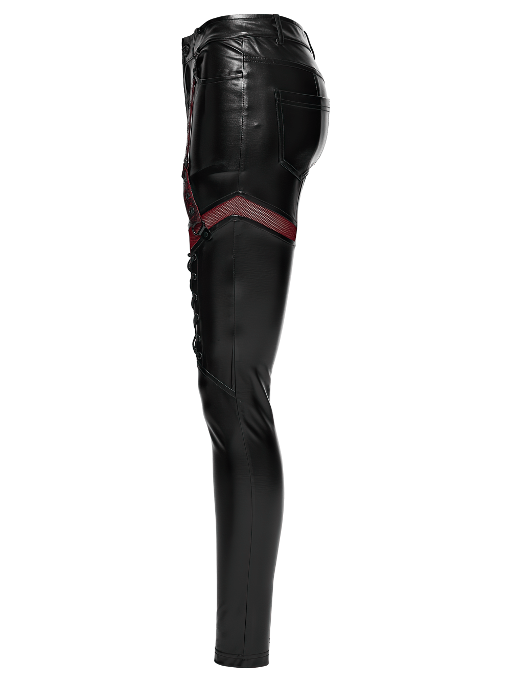 Cyberpunk Black Faux Leather Lace-Up Leggings with Mesh side view showcasing stylish design and fit.