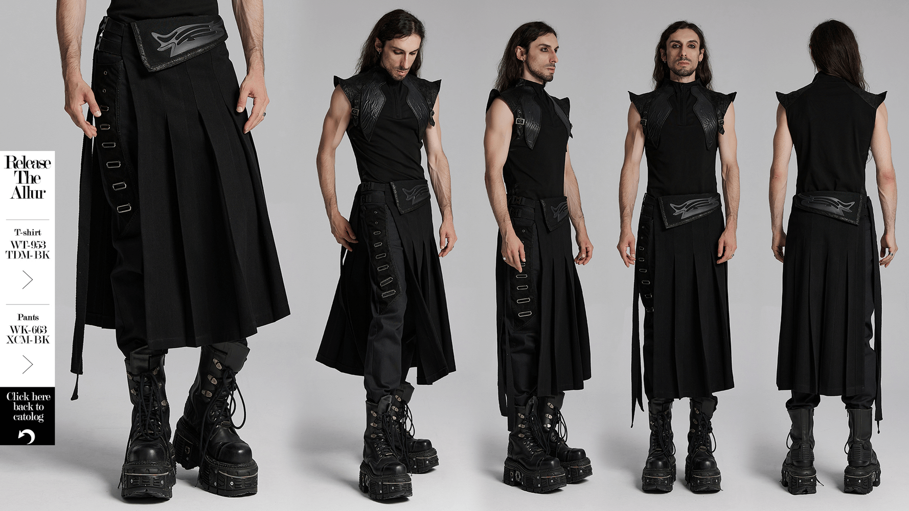 Cyberpunk black men's pleated half skirt with buckles, styled with a sleek shirt and combat boots for an edgy look.