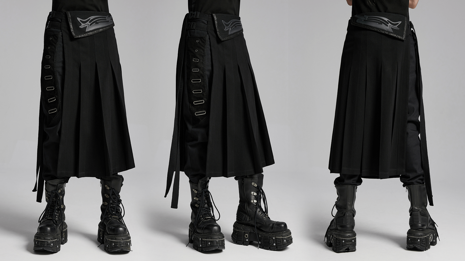Cyberpunk black men's pleated half skirt with buckles and 3D waist design, showcasing a bold avant-garde style.