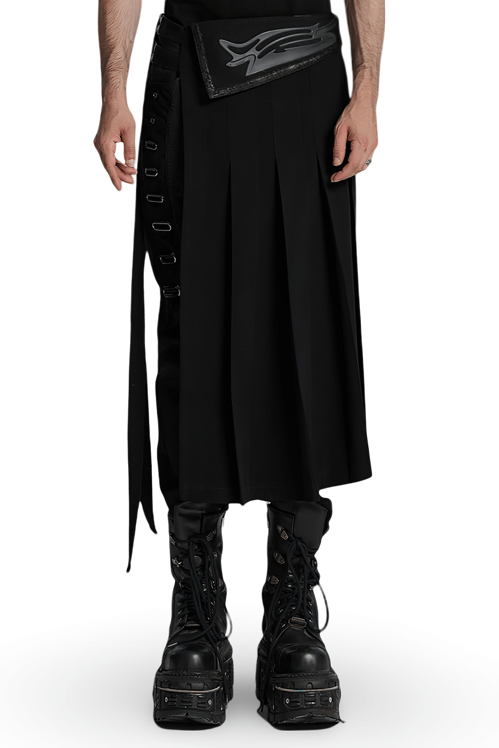 Black men's pleated half skirt with buckles and cyber 3D waist design, paired with chunky black boots.