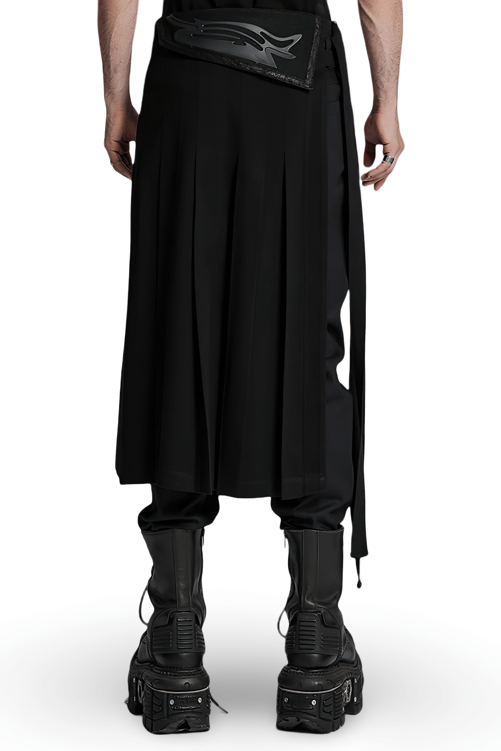 Stylish black pleated men's half skirt with buckles, featuring a unique 3D cyber design, paired with chunky footwear.