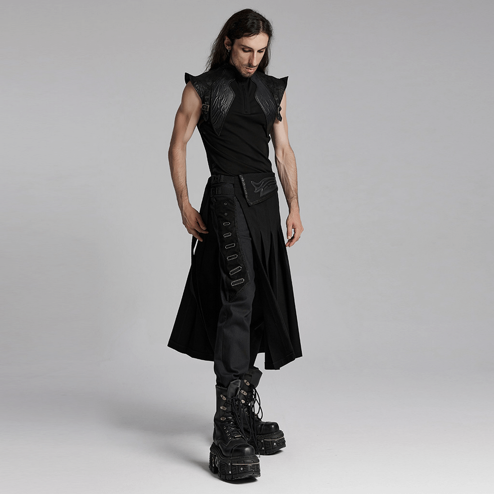 Black men's pleated half skirt with buckles, featuring 3D cyber design and edgy style, perfect for punk fashion enthusiasts.