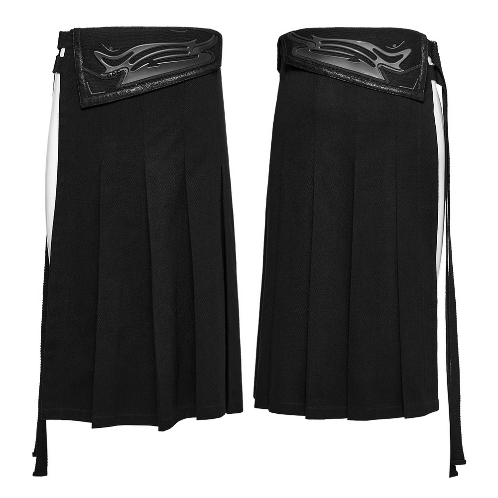 Black men's pleated half skirt with cyber waist design and adjustable side buckles, perfect for a punk-inspired look.