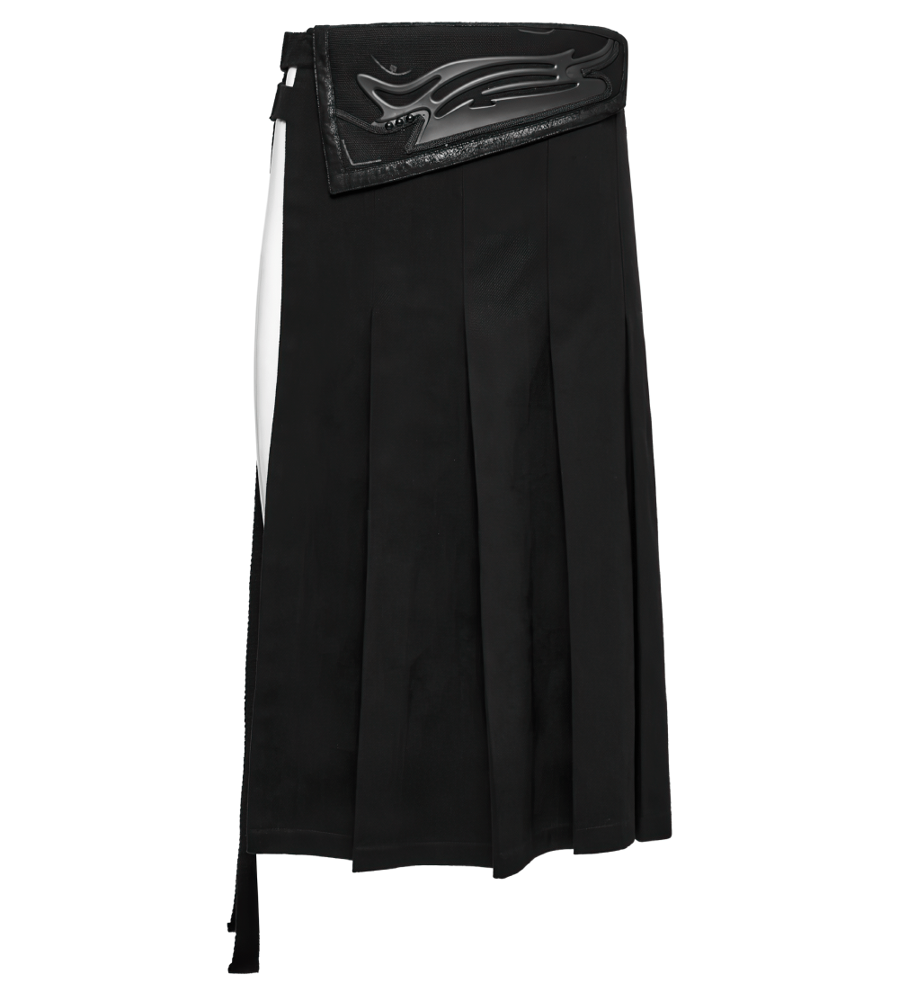 Cyberpunk black men's pleated half skirt with 3D waist design and adjustable side buckle for a bold look.