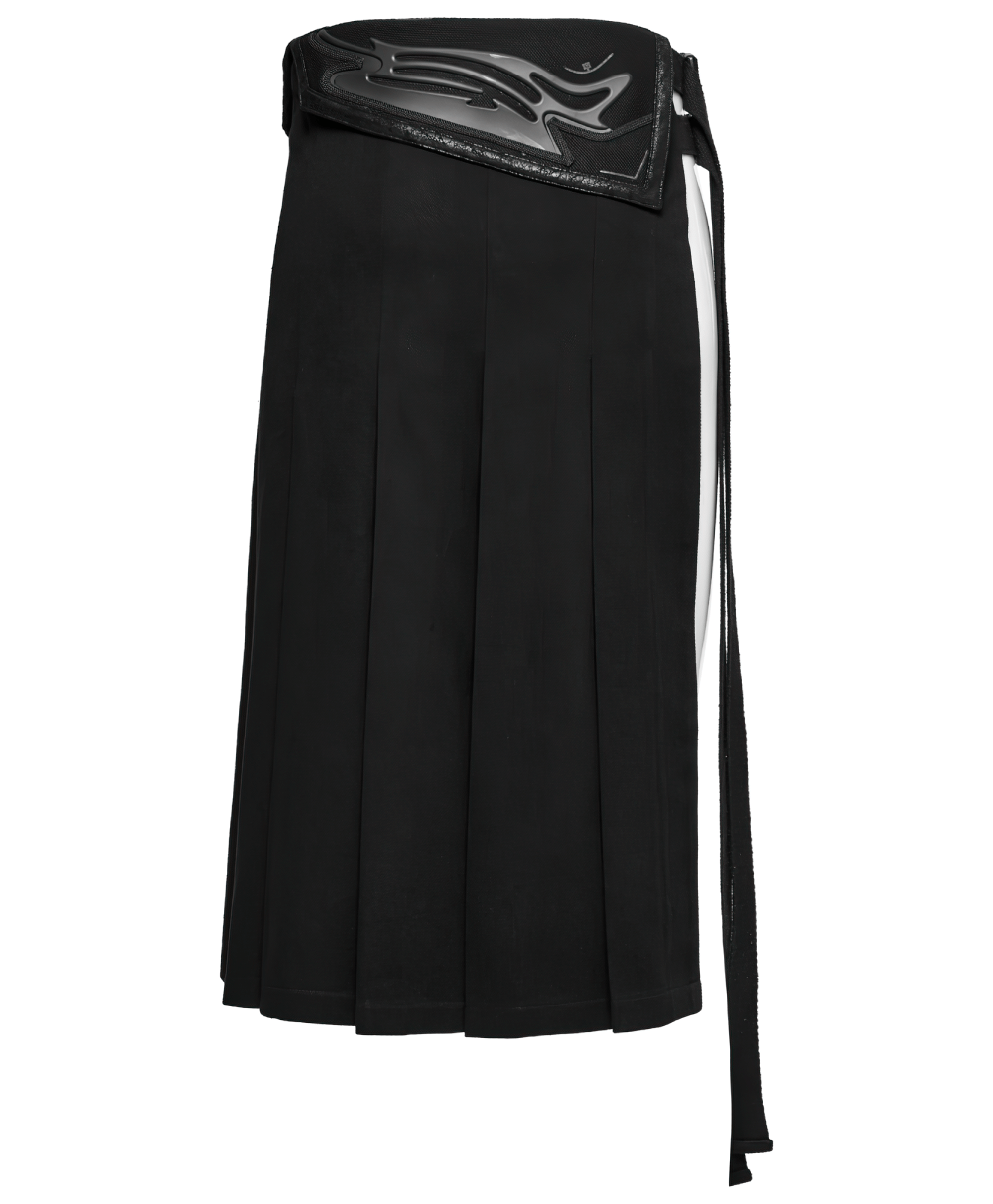 Cyberpunk black men's pleated half skirt with adjustable buckles and 3D cyber waist design. Perfect for bold fashion statements.