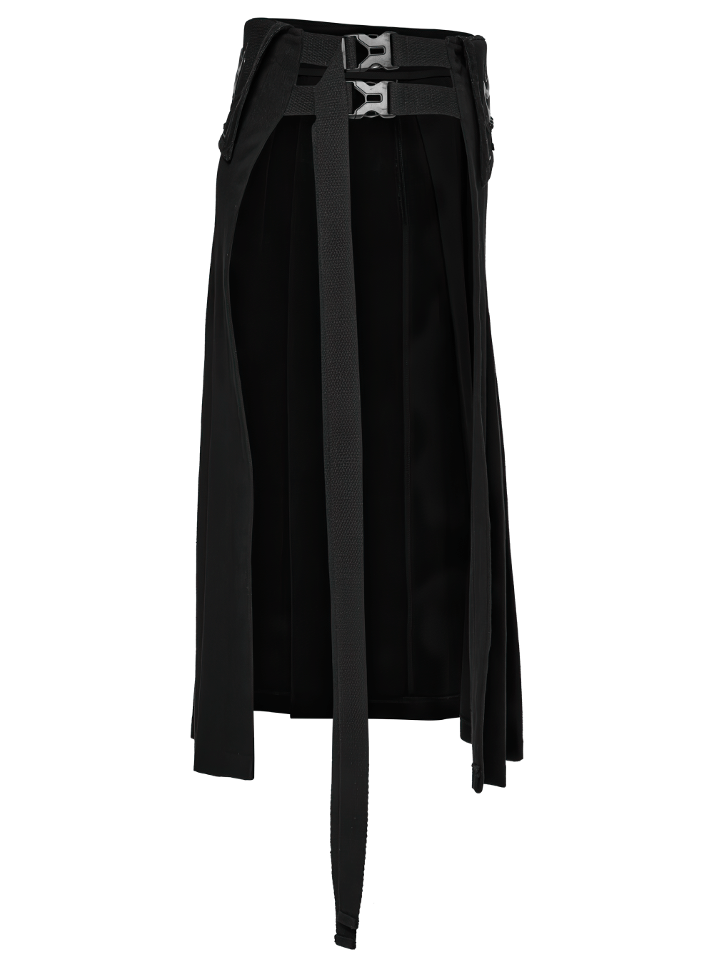 Cyberpunk black men's pleated half skirt featuring adjustable side buckles and 3D waist design for a bold look.