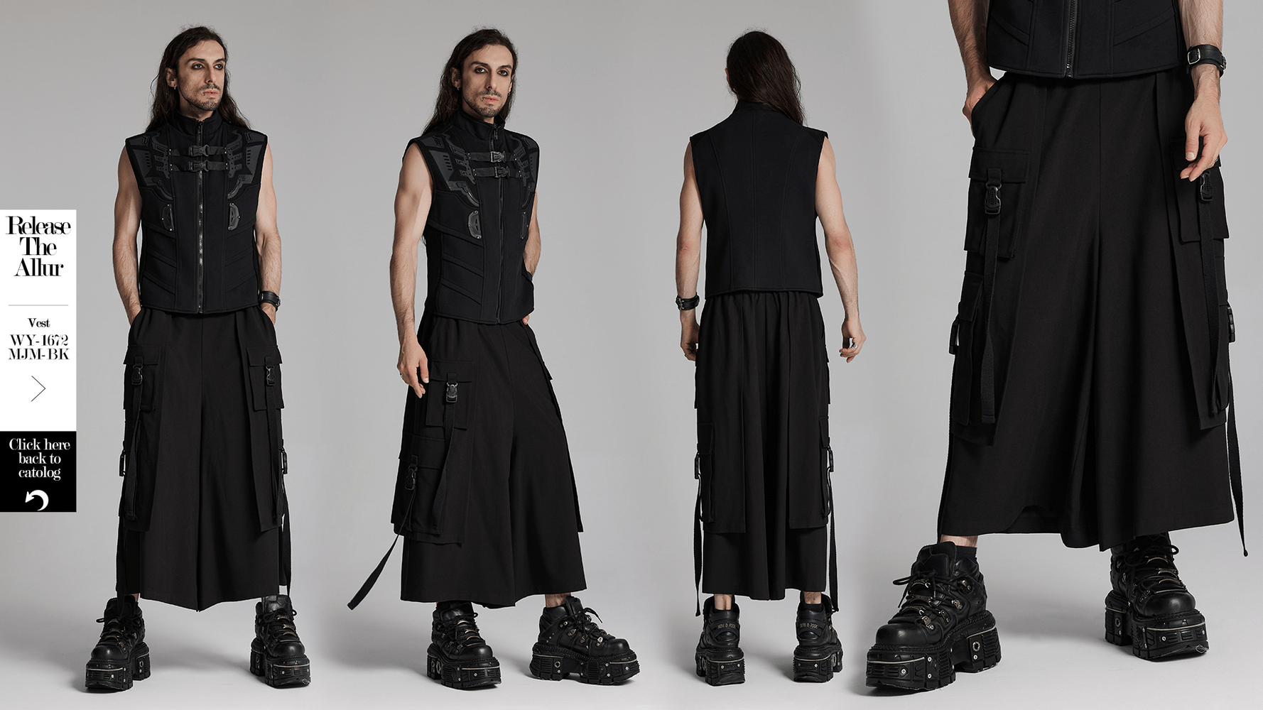 Black wide-leg cargo pants with unique design and side loops, worn by model showcasing an edgy cyberpunk style.