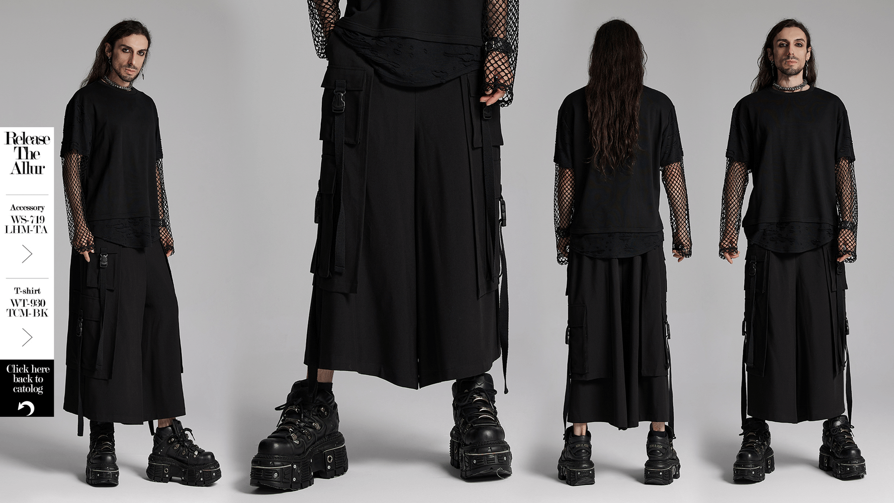 Edgy model showcasing cyberpunk style in black wide-leg pants and oversized t-shirt with fishnet sleeves.