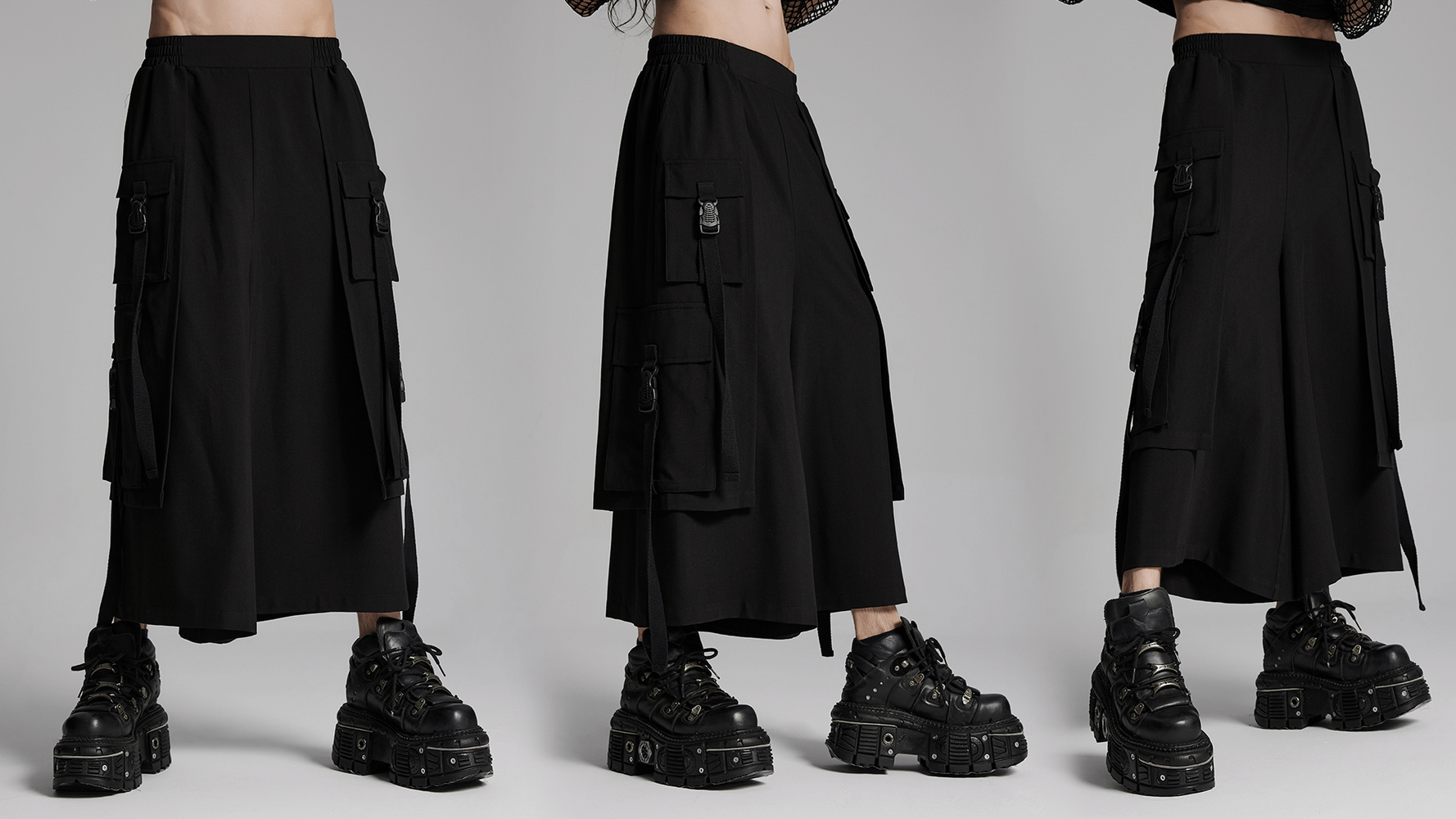 Cyberpunk black wide-leg cropped pants with pockets, elastic waistband, and edgy styling, paired with chunky black platform shoes.