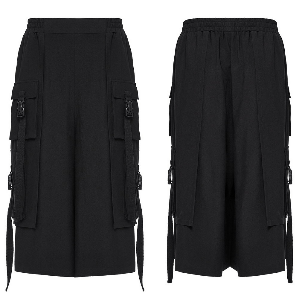 Edgy black wide-leg cropped pants with elastic waistband and stylish side loops for a unique cyberpunk flair.