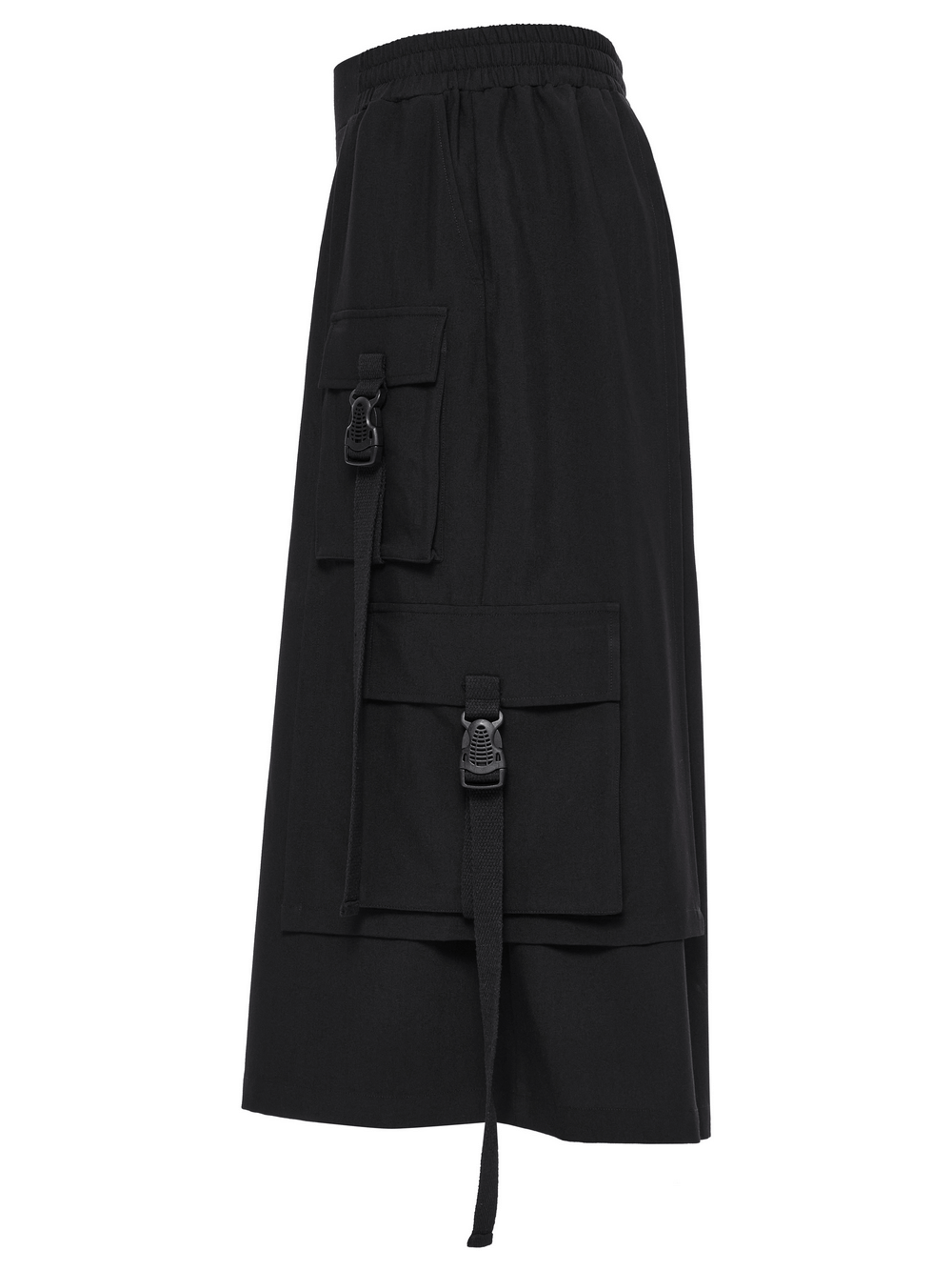 Edgy black wide-leg cropped pants with elastic waistband and unique side pockets for a bold cyberpunk look.