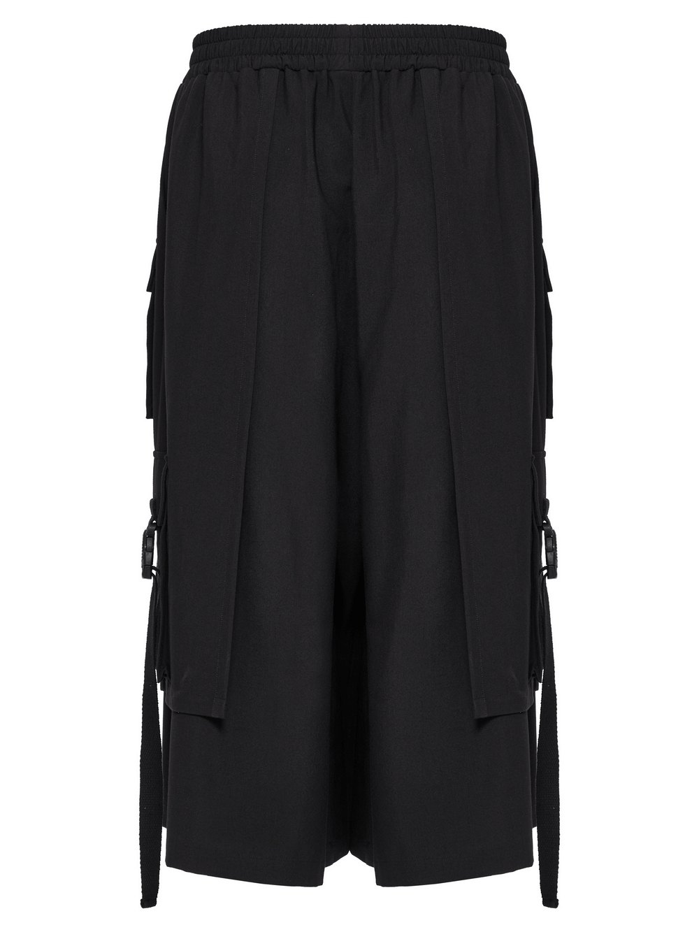 Cyberpunk black wide-leg cropped pants with elastic waistband and unique side loops, perfect for edgy fashion lovers.