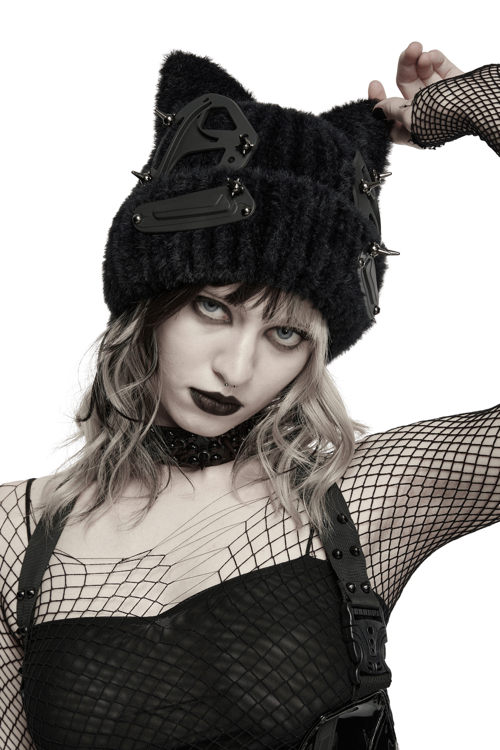 Cyberpunk Cat Ear Faux Fur Hat with Rivet Details