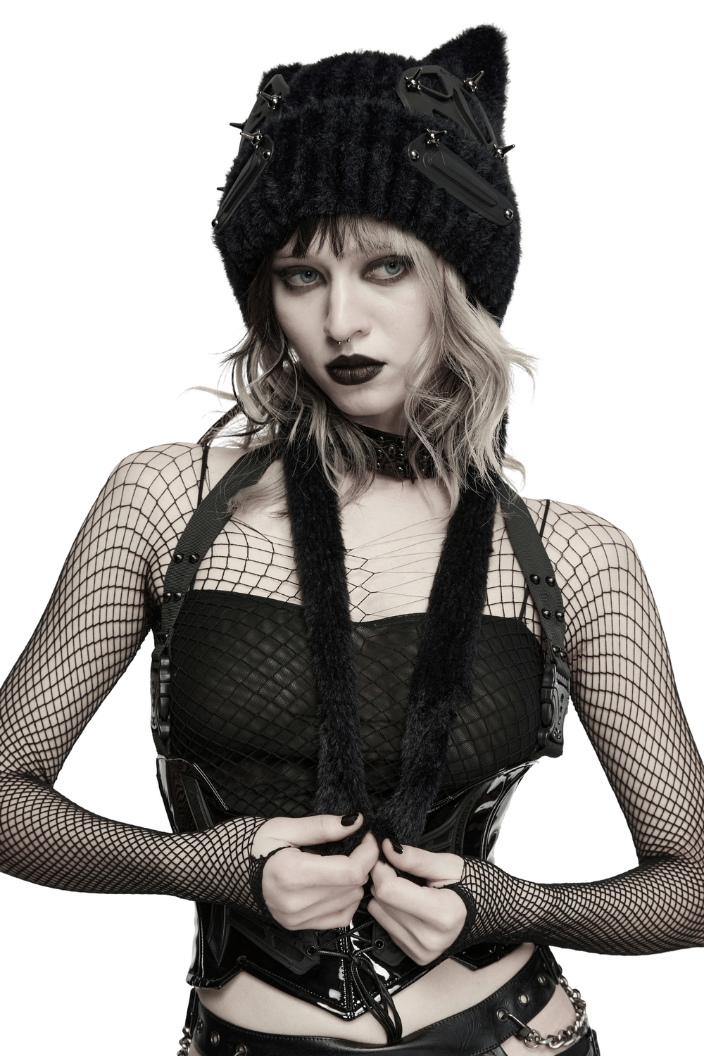 Cyberpunk Cat Ear Faux Fur Hat with Rivet Details