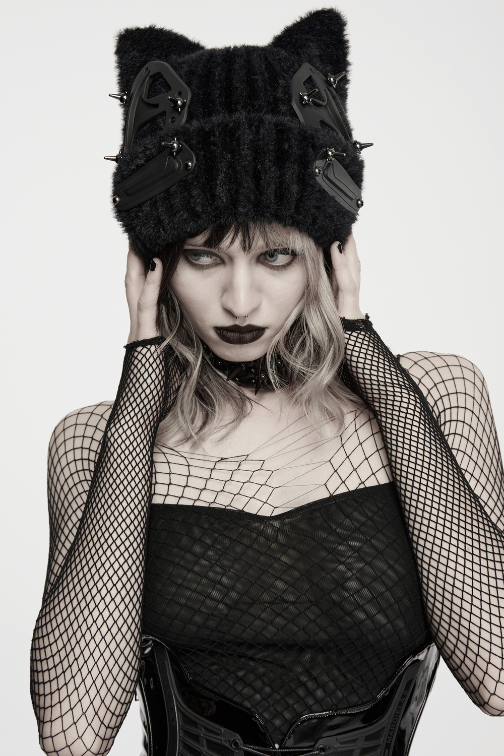Cyberpunk Cat Ear Faux Fur Hat with Rivet Details