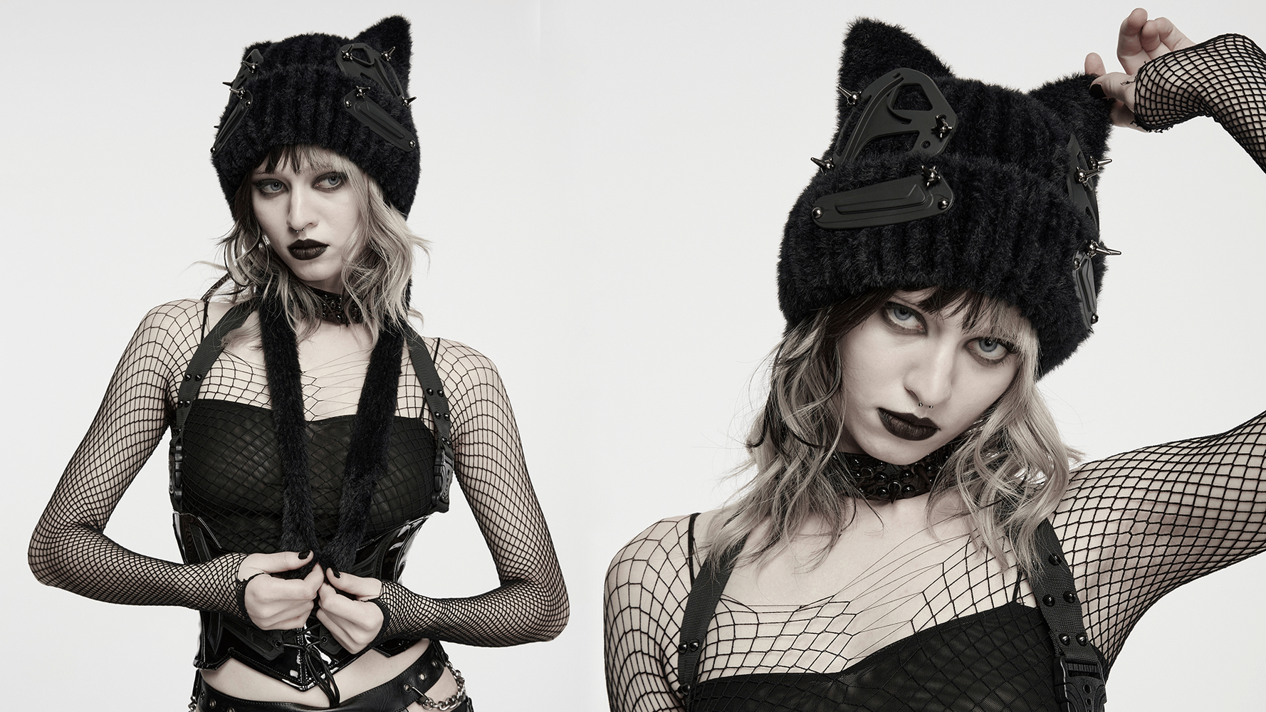 Cyberpunk Cat Ear Faux Fur Hat with Rivet Details