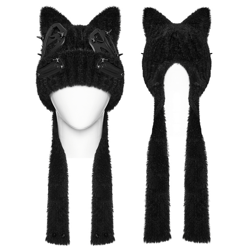 Cyberpunk Cat Ear Faux Fur Hat with Rivet Details