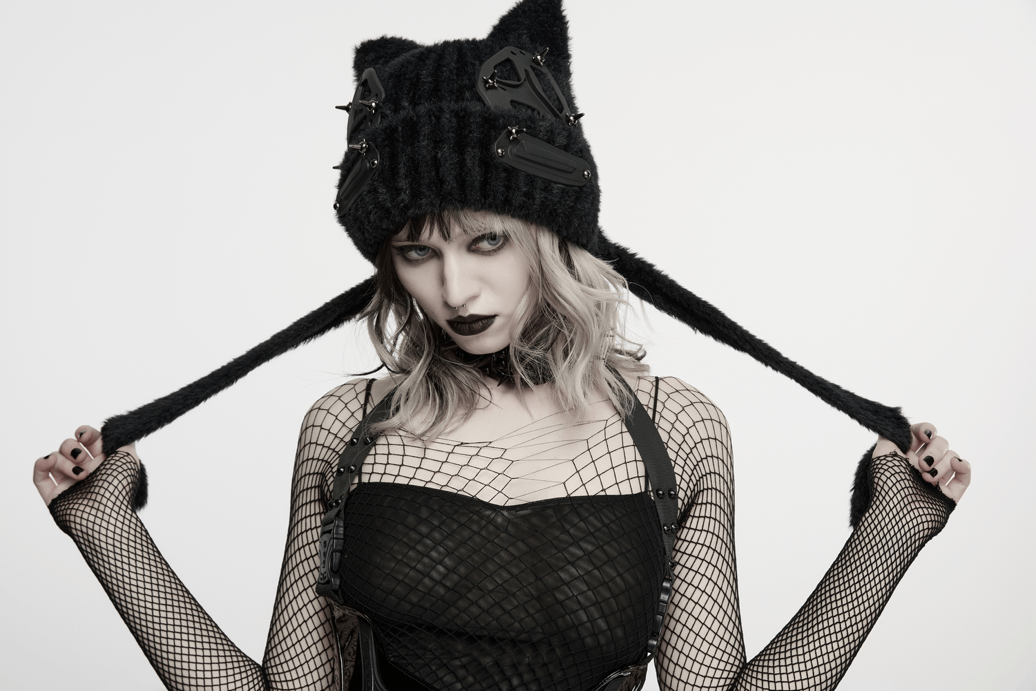 Cyberpunk Cat Ear Faux Fur Hat with Rivet Details