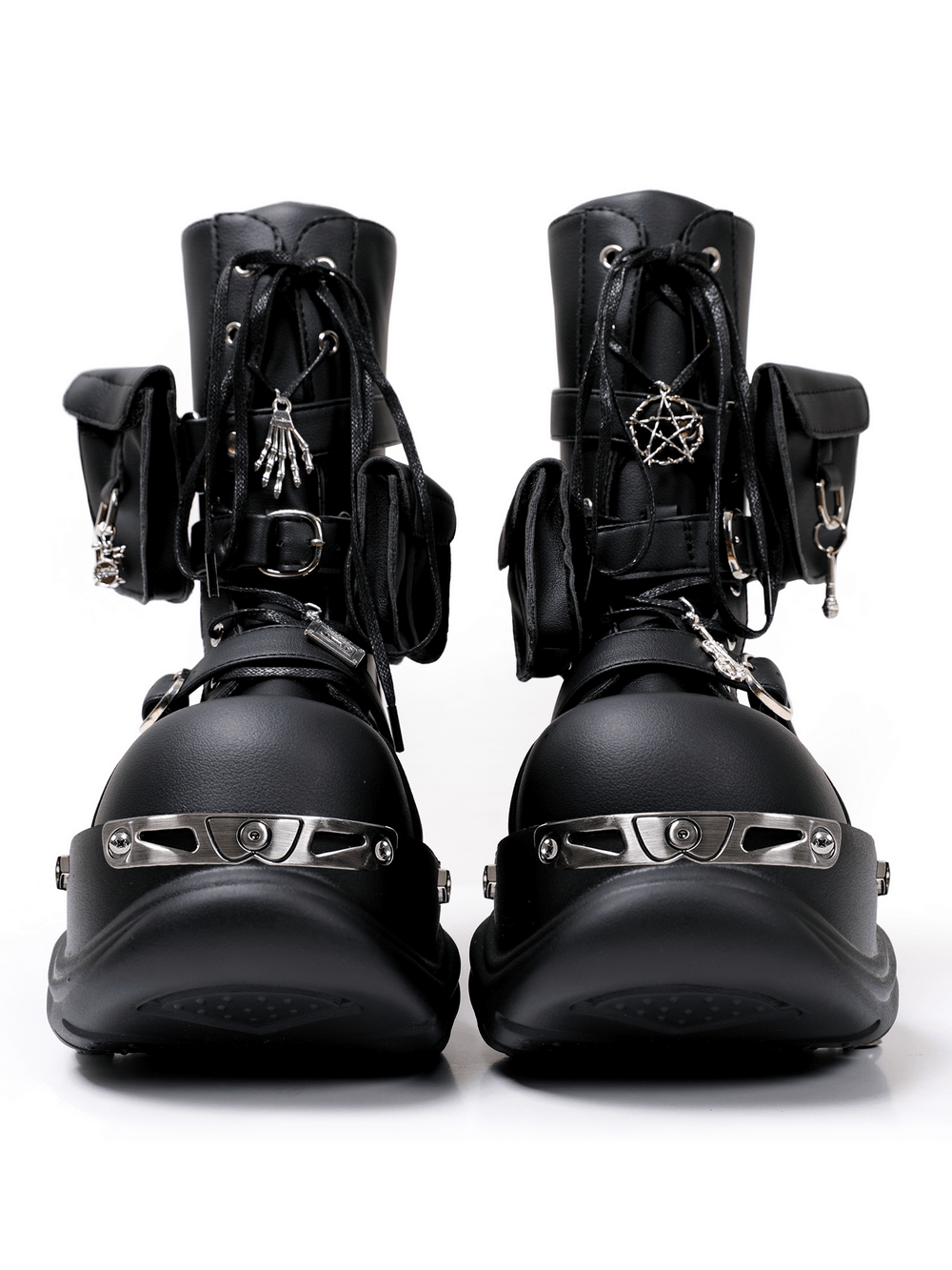 Cyberpunk Combat Boots with Buckles and Metal Details, black gothic platform boots with pouches, charms, and chunky soles