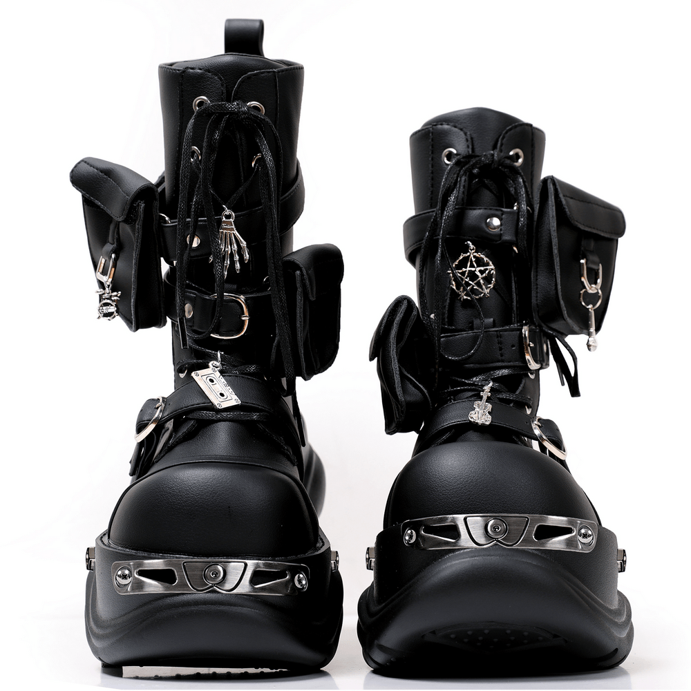 Cyberpunk Combat Boots with Buckles and Metal Details, black gothic platform boots with pouches, charms, and chunky soles
