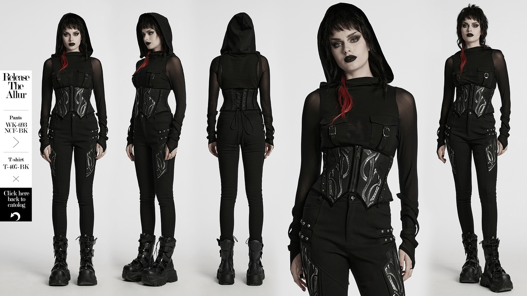 Model showcasing a cyberpunk-inspired outfit featuring a black mesh top, corset belt, and edgy accessories.