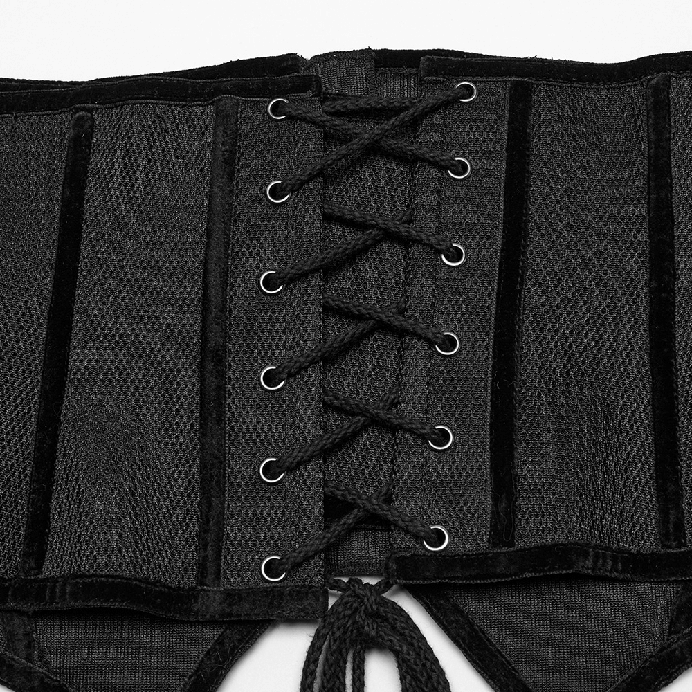 Futuristic black mesh corset belt with rubber panels and adjustable lacing for a cyberpunk look.