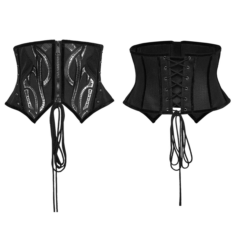 Futuristic black mesh corset belt featuring rubber panels and side studs for an edgy look.