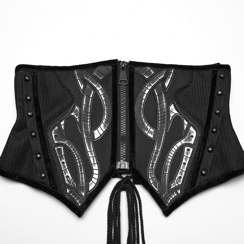 Futuristic black mesh corset belt with rubber panels and studded accents, ideal for cyberpunk and goth fashion.
