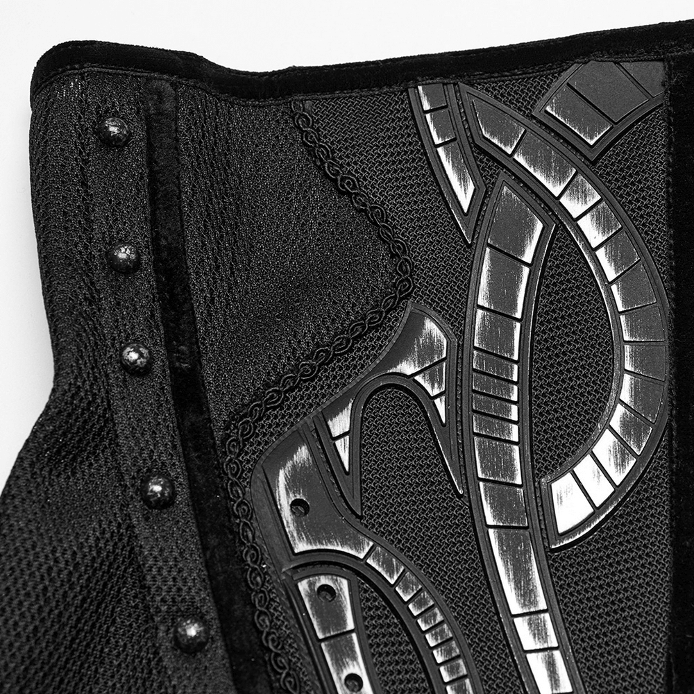 Futuristic black mesh corset belt featuring tech details and shiny patterns, perfect for cyberpunk and goth styles.