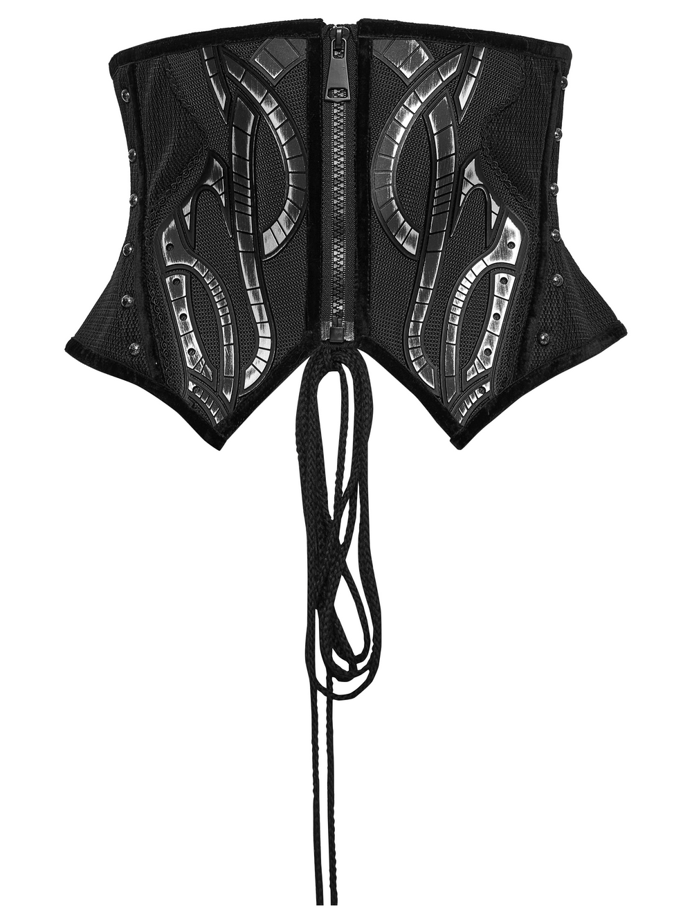 Cyberpunk corset belt with studs and rubber panels, featuring a bold black mesh design and adjustable back drawstring.