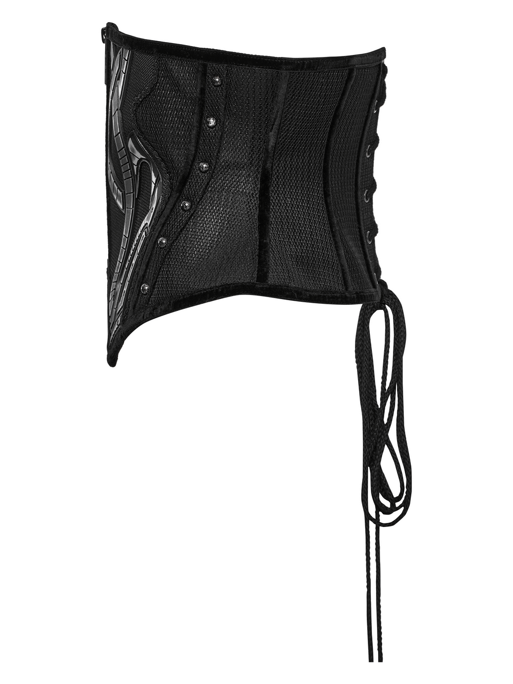 Futuristic black mesh corset belt with rubber panels and side studs for a tech-inspired look.