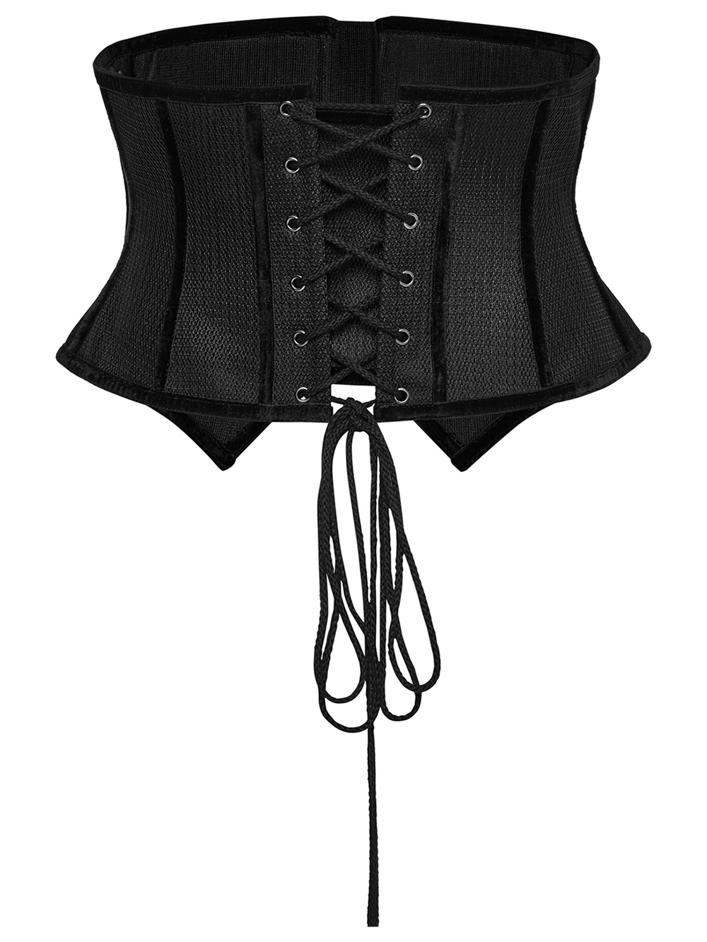 Futuristic black mesh corset belt with studs and rubber panels, featuring adjustable back drawstring.