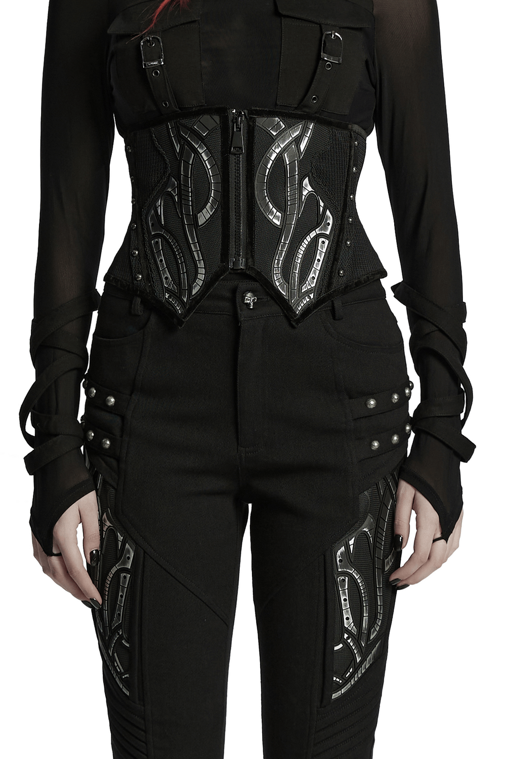 Futuristic black mesh corset belt with rubber panels and studs, perfect for cyberpunk and goth styles.
