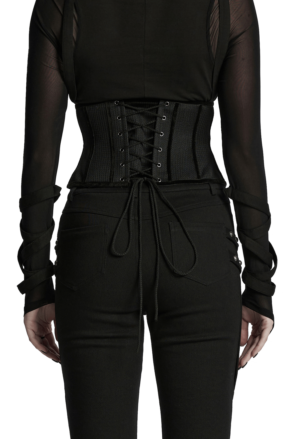 Back view of a black mesh cyberpunk corset belt with adjustable drawstring and lace-up detailing.