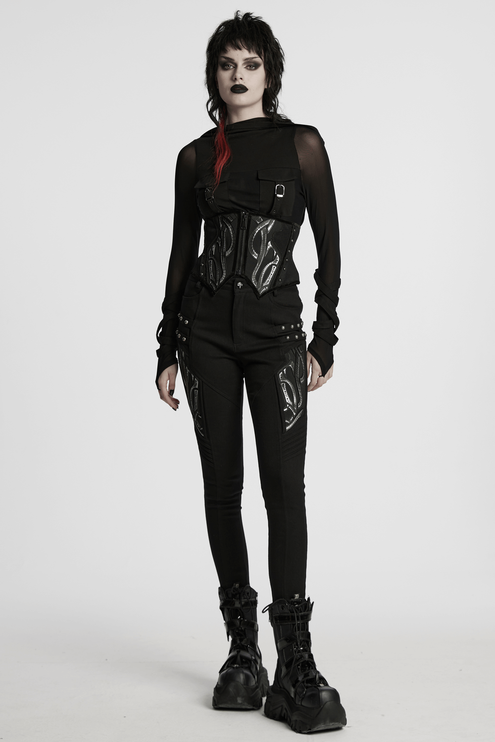 Futuristic cyberpunk model in a black mesh corset belt, styled with edgy clothing and bold accessories.