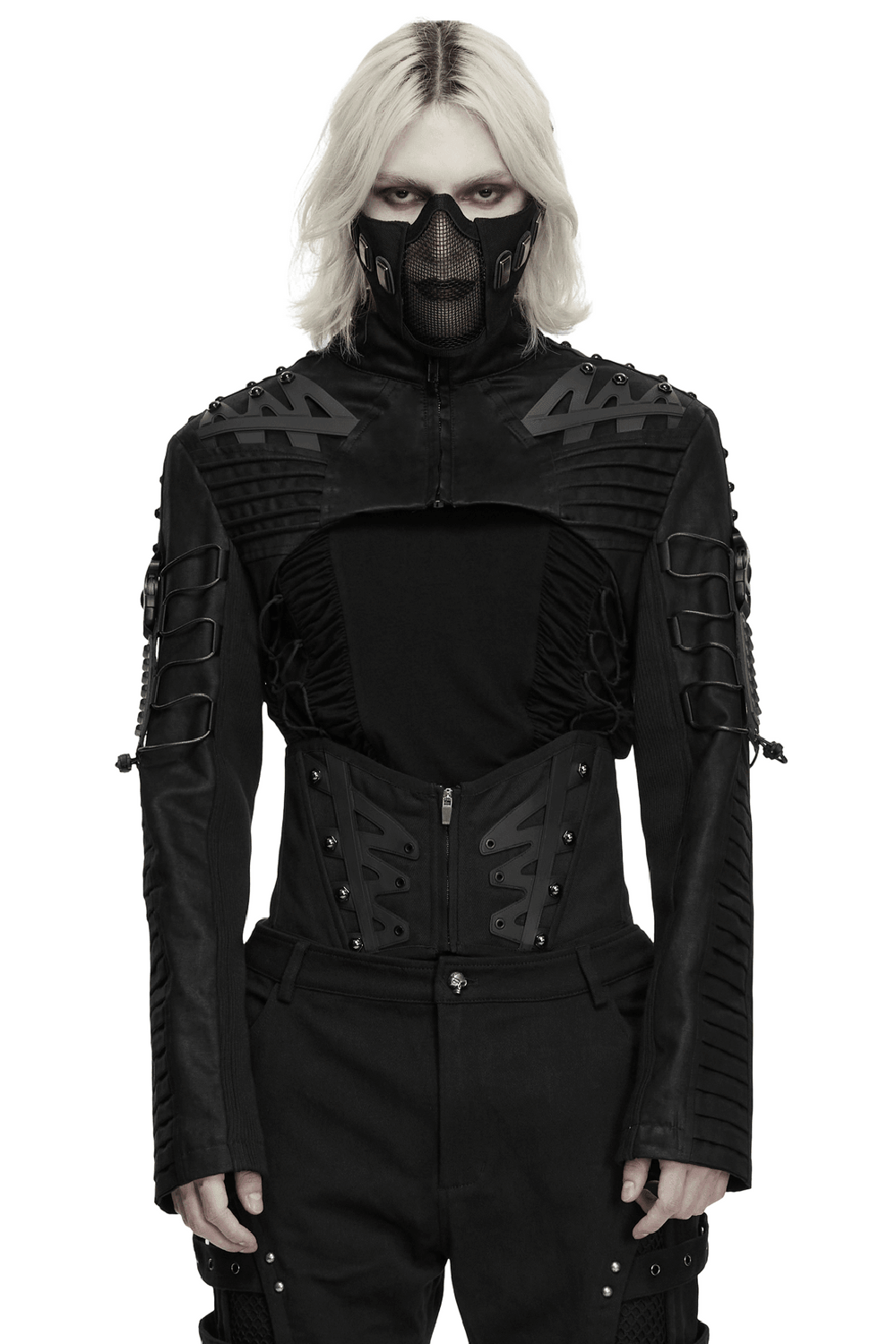 Cyberpunk Cropped Armored Jacket with Mechanical Details black techwear jacket with angular shoulder armor and mesh mask
