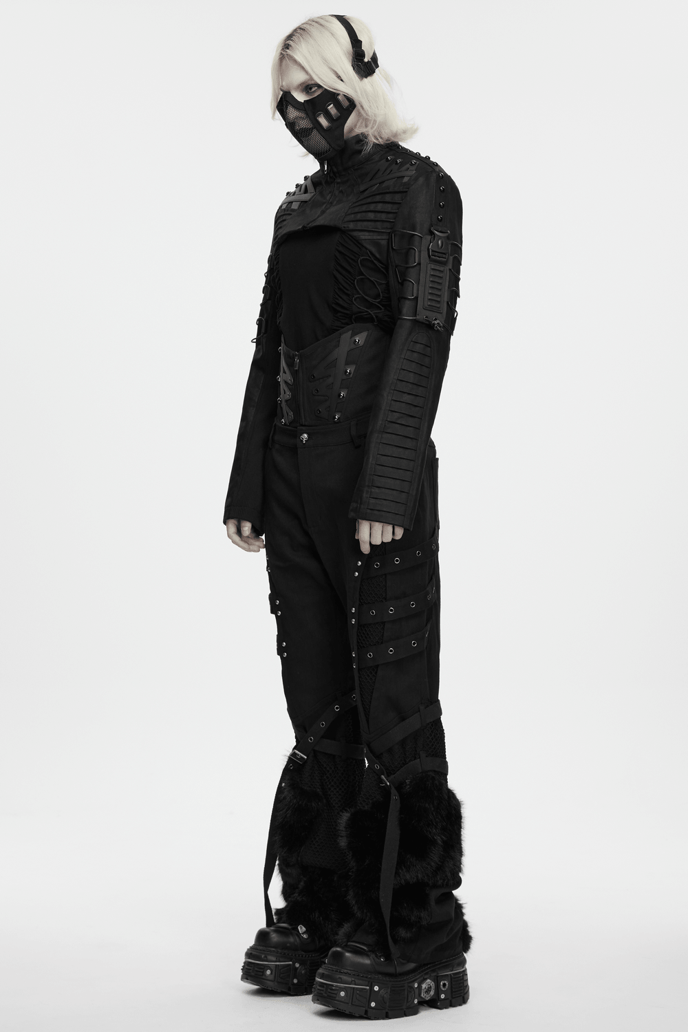 Cyberpunk Cropped Armored Jacket with Mechanical Details, black techwear style with rivets, armor, and futuristic sleeves