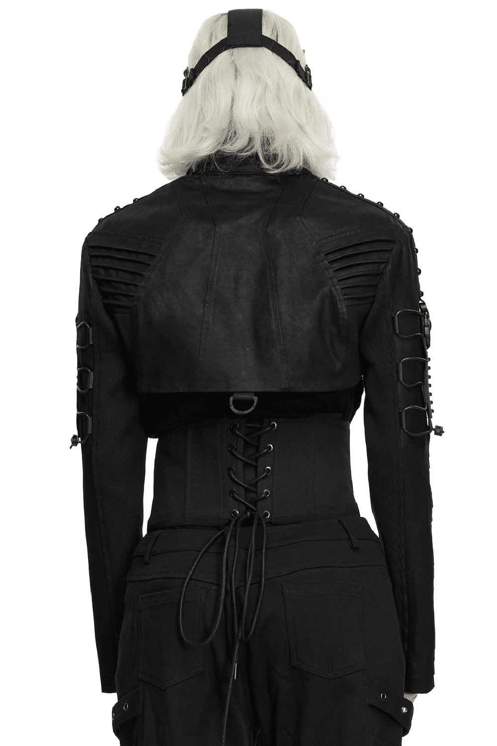 Cyberpunk Cropped Armored Jacket with Mechanical Details black techwear with rivets, shoulder armor, and a high collar