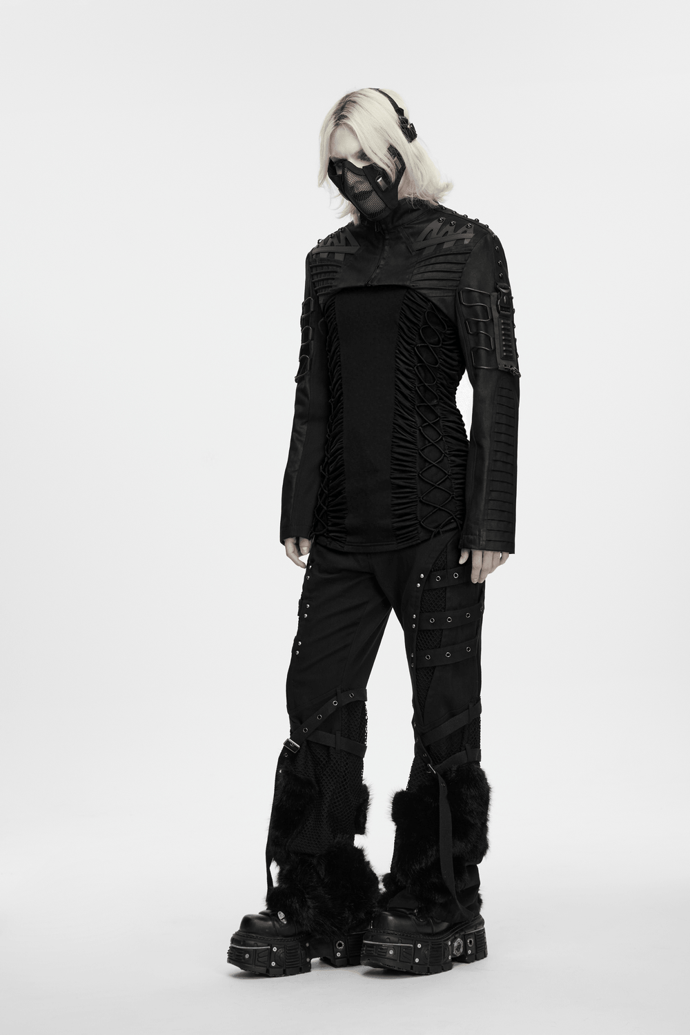 Cyberpunk Cropped Armored Jacket with Mechanical Details, black techwear look with angular armor and rivets