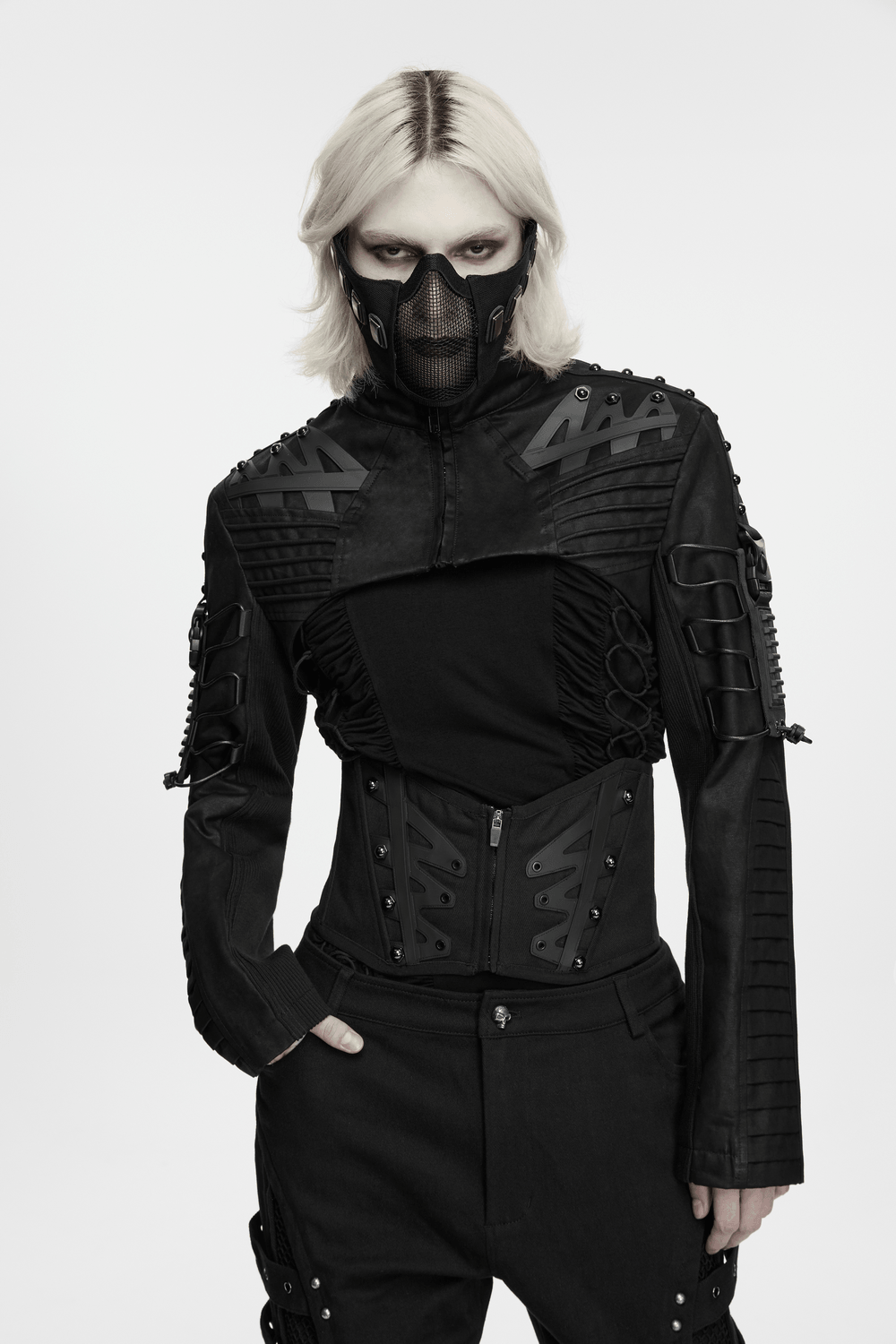 Cyberpunk Cropped Armored Jacket with Mechanical Details black techwear look, angular shoulder armor, rivets, and high collar